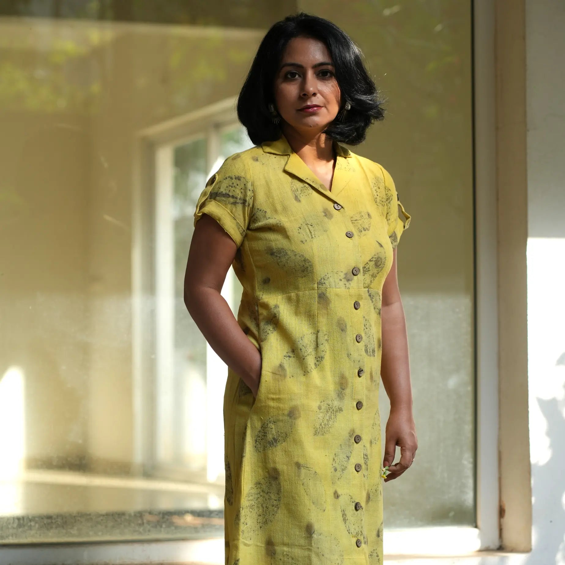 RAIN FED COTTON ECO-PRINTED BUTTON UP DRESS