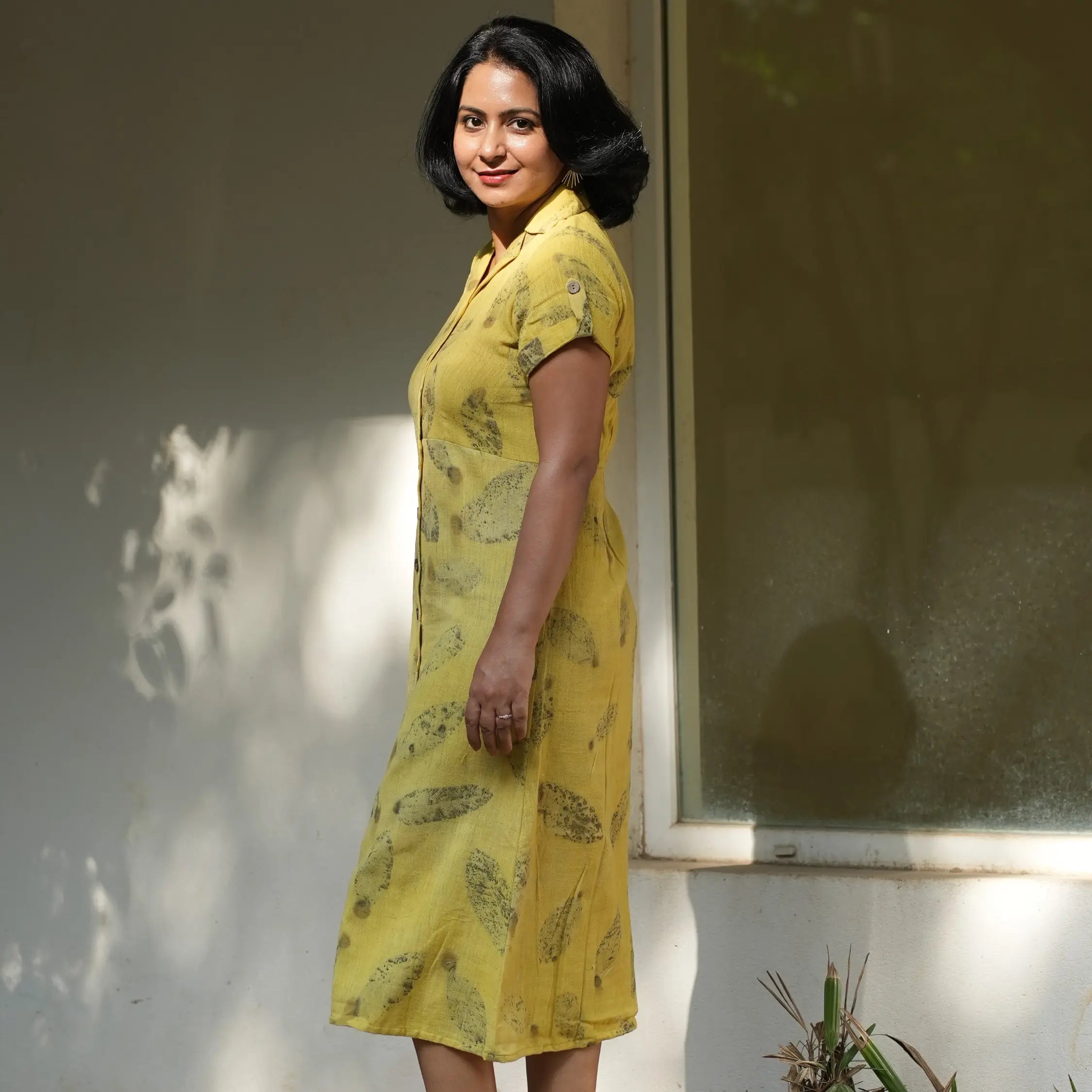 RAIN FED COTTON ECO-PRINTED BUTTON UP DRESS