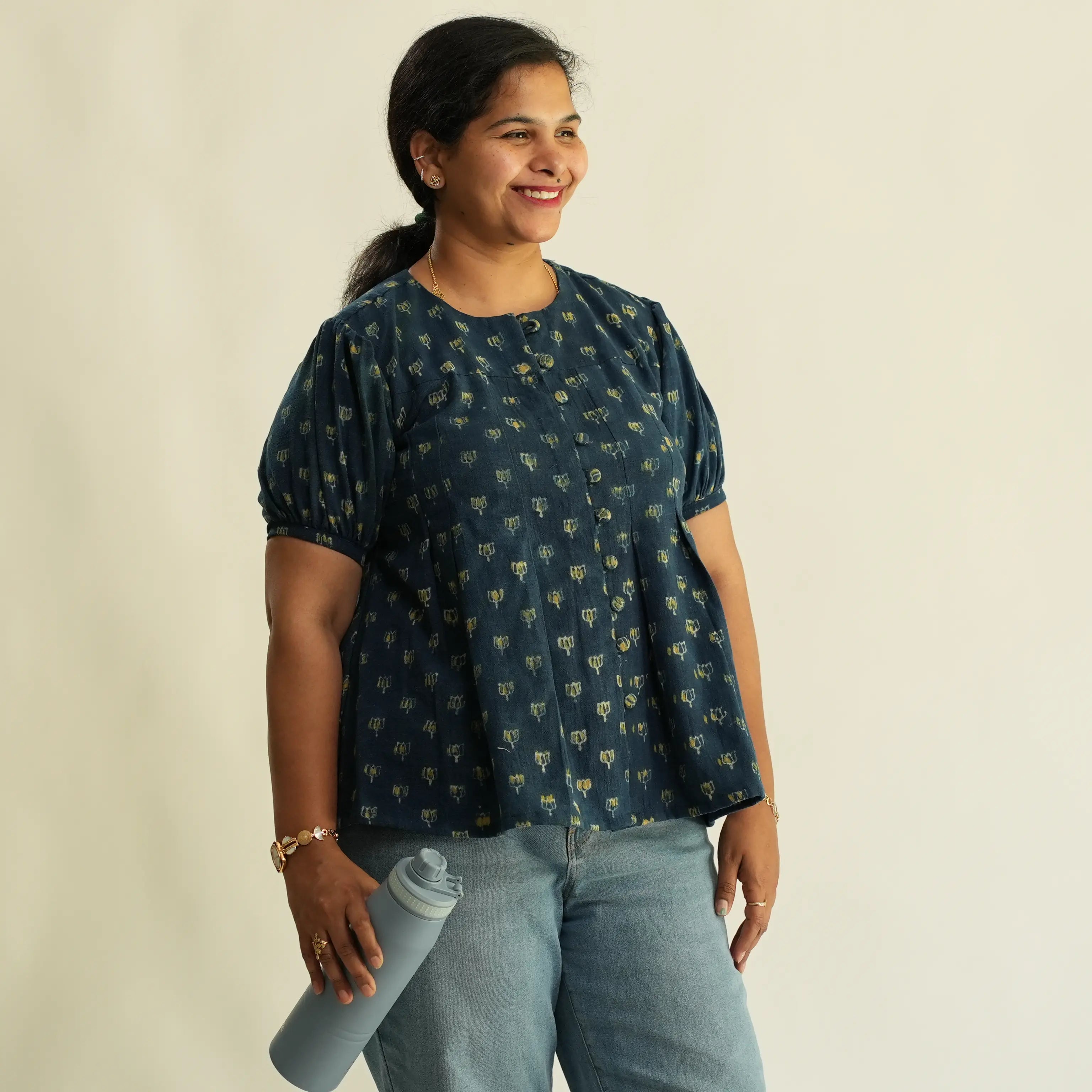 BLUE AJRAK TOP WITH BOX PLEAT
