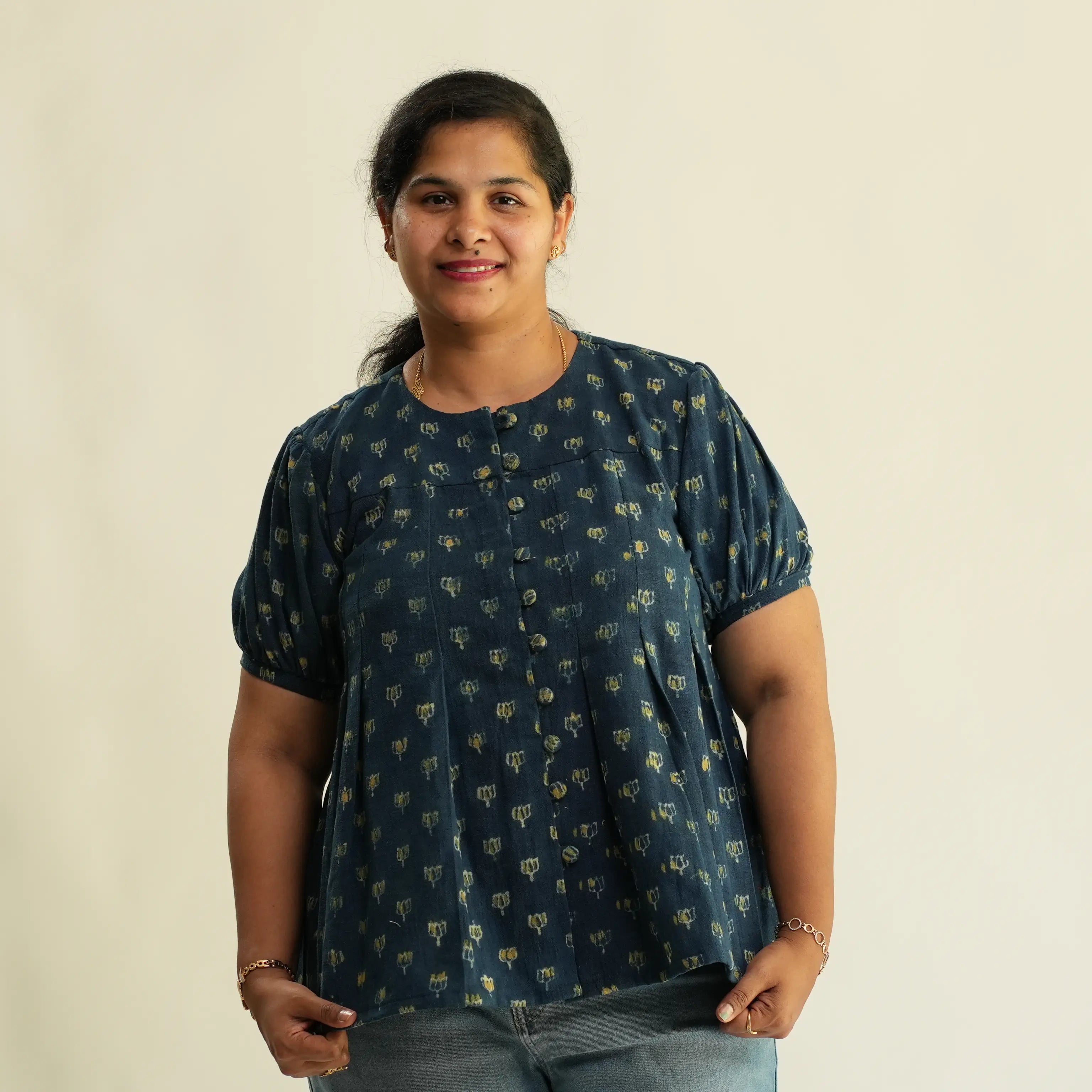 BLUE AJRAK TOP WITH BOX PLEAT
