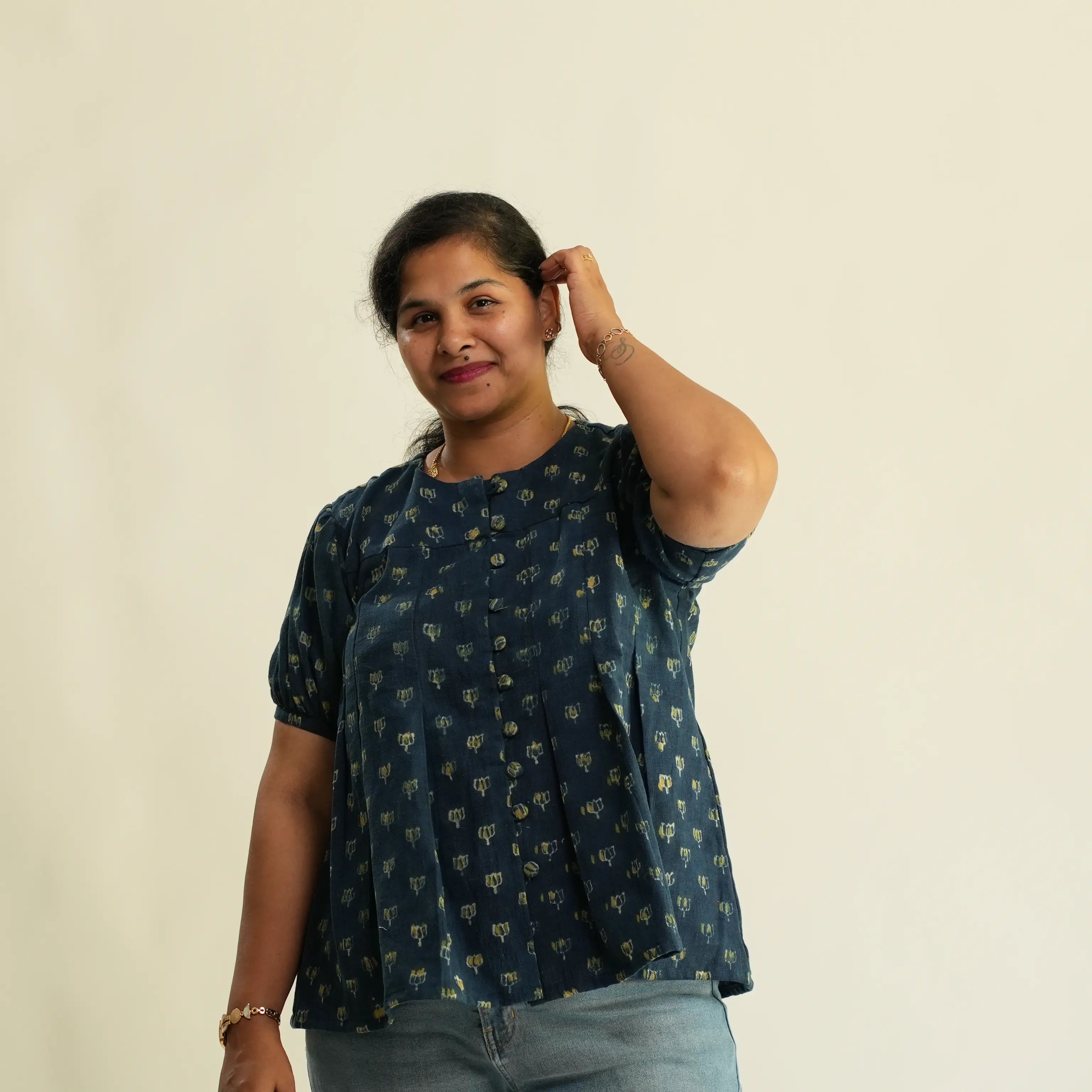 BLUE AJRAK TOP WITH BOX PLEAT