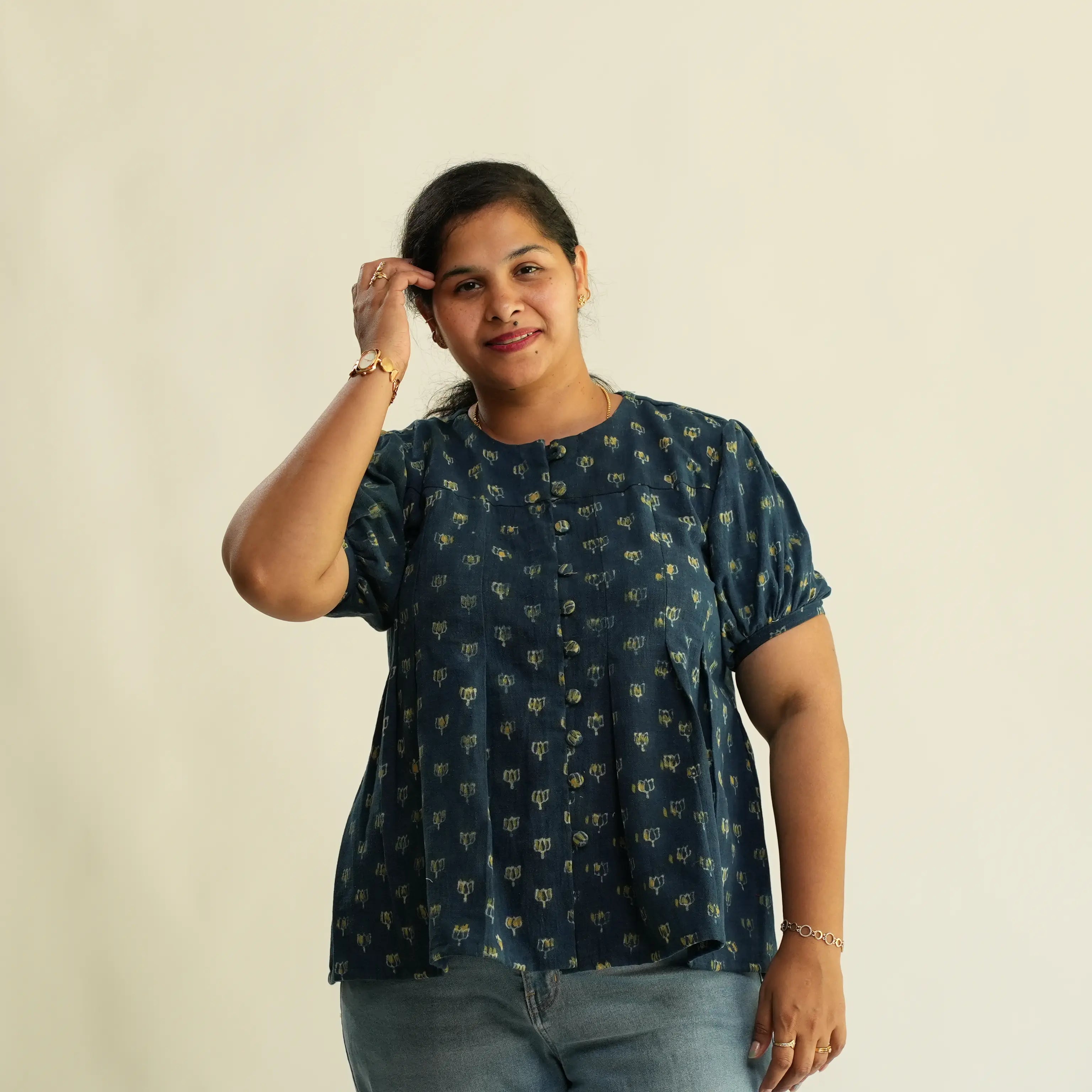 BLUE AJRAK TOP WITH BOX PLEAT