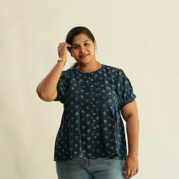 BLUE AJRAK TOP WITH BOX PLEAT