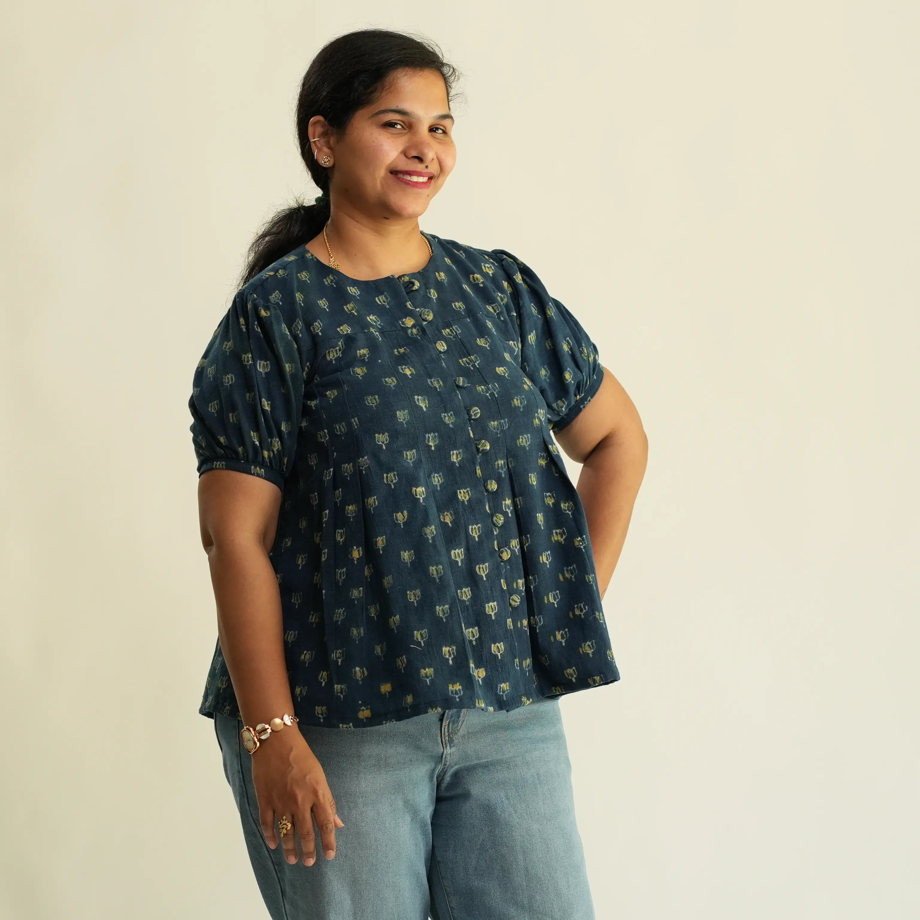 BLUE AJRAK TOP WITH BOX PLEAT