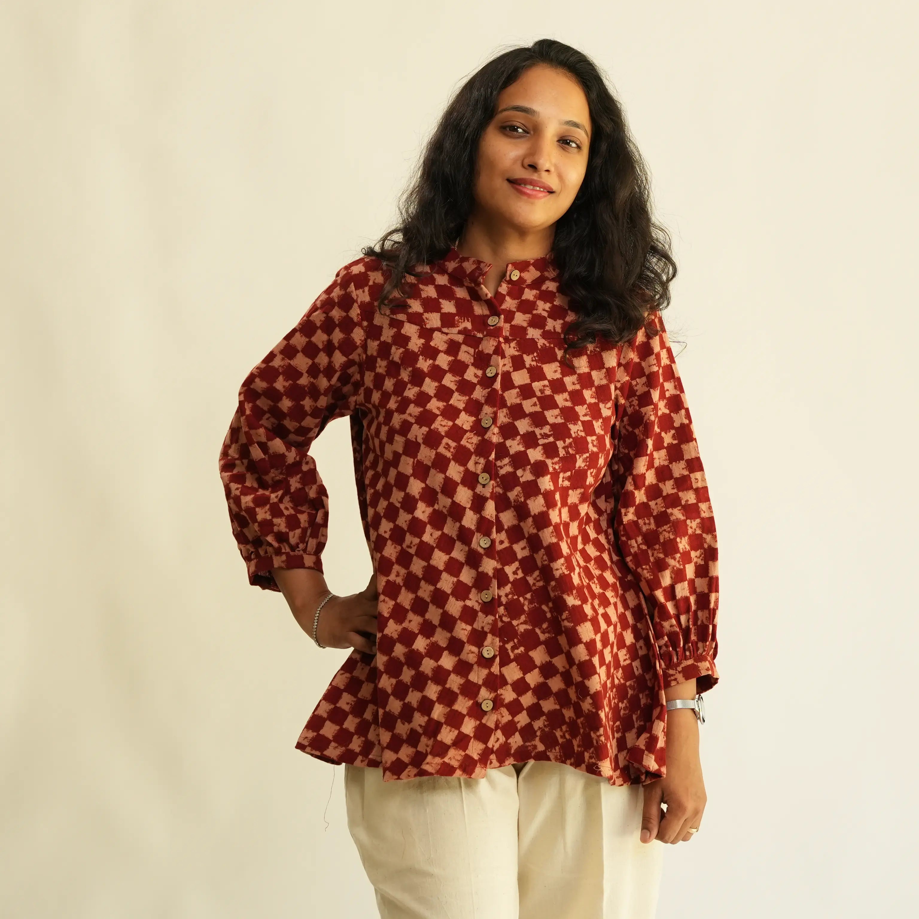 RED CHECKS AJRAK TOP WITH PUFF SLEEVES