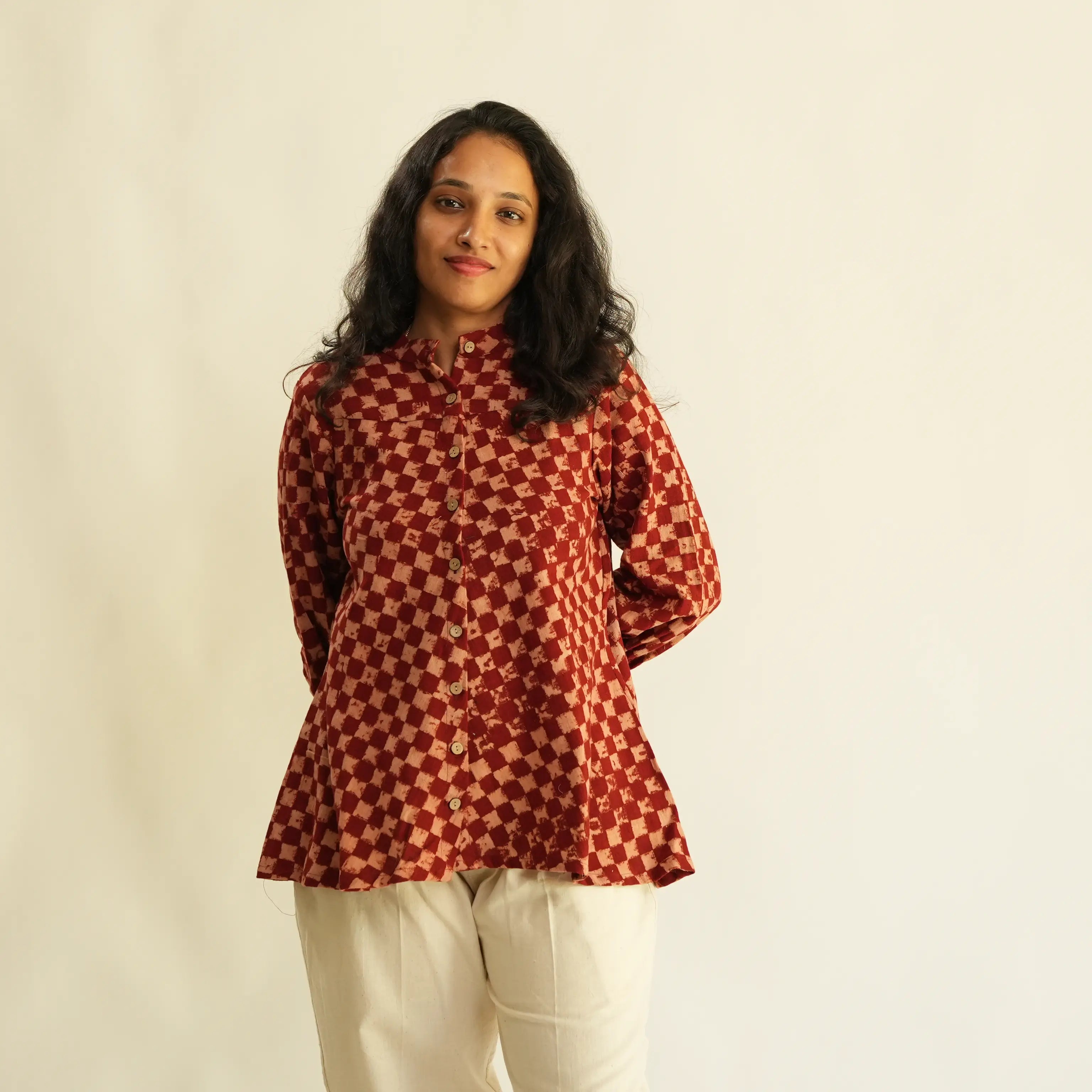 RED CHECKS AJRAK TOP WITH PUFF SLEEVES