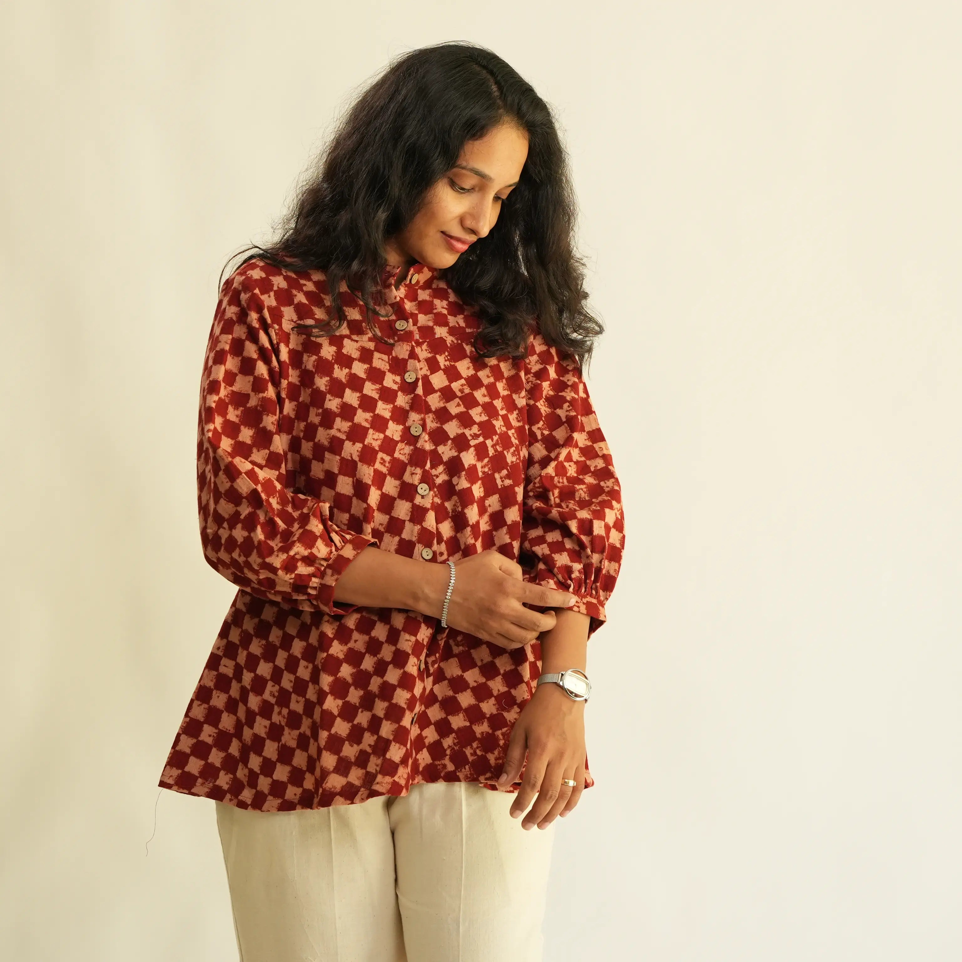 RED CHECKS AJRAK TOP WITH PUFF SLEEVES