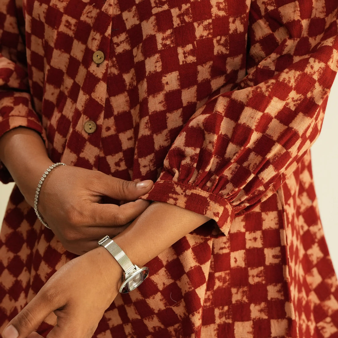 RED CHECKS AJRAK TOP WITH PUFF SLEEVES