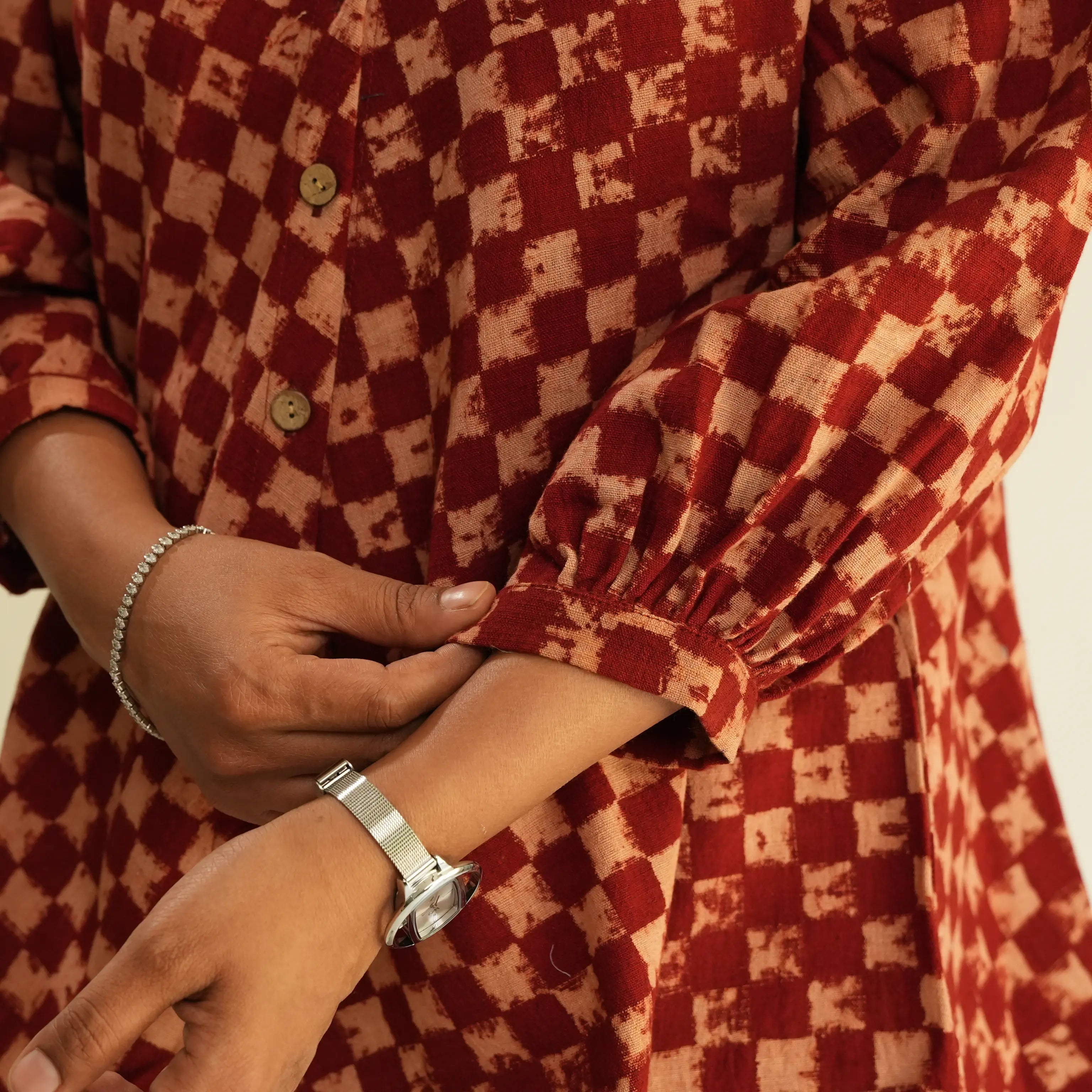 RED CHECKS AJRAK TOP WITH PUFF SLEEVES