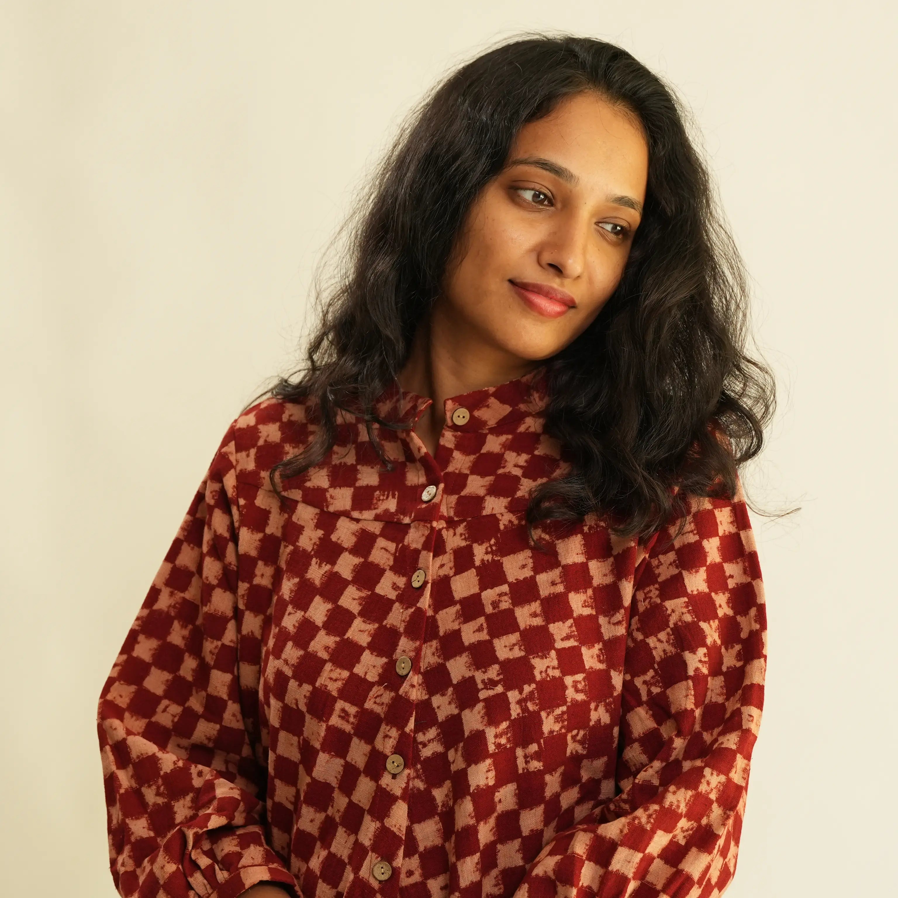 RED CHECKS AJRAK TOP WITH PUFF SLEEVES