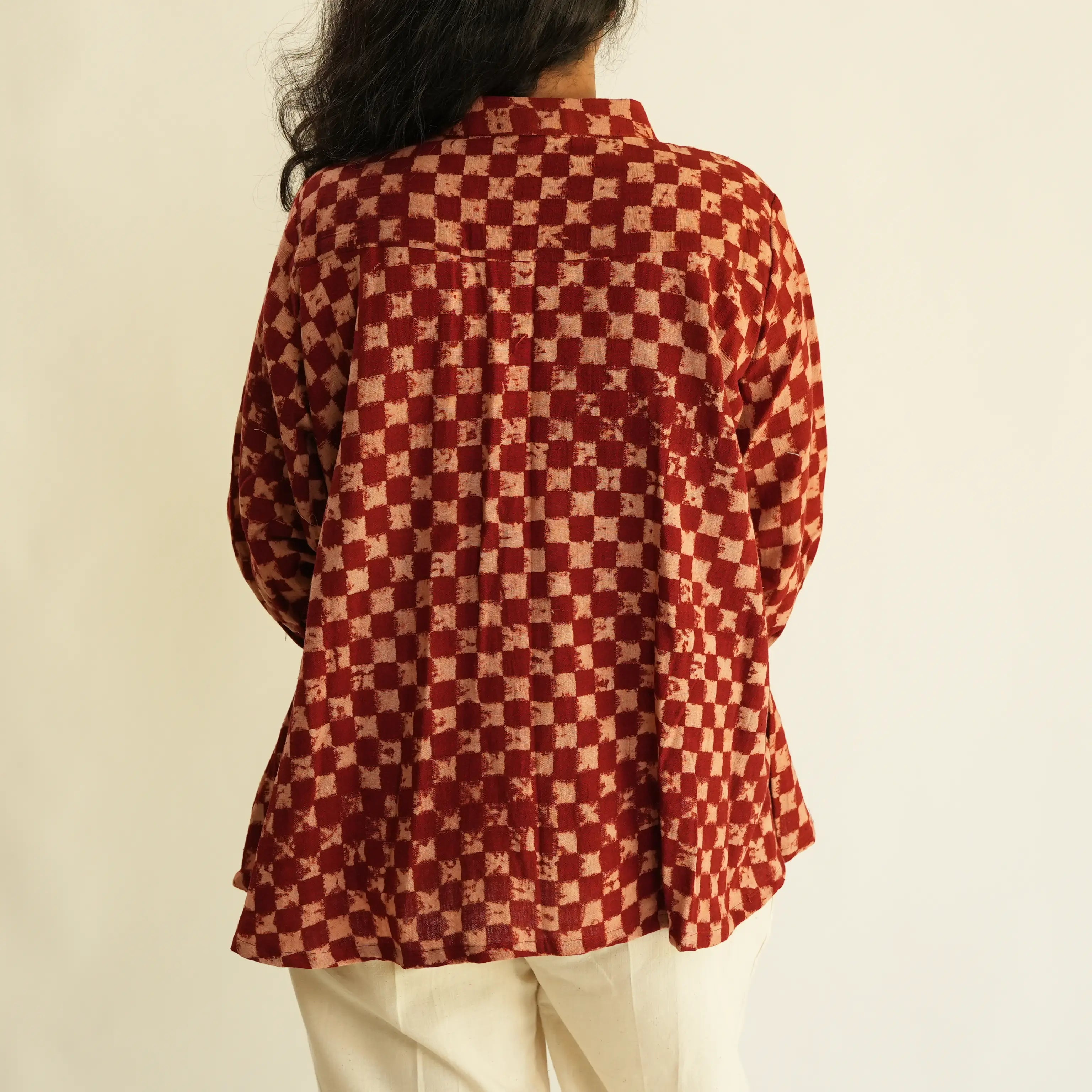 RED CHECKS AJRAK TOP WITH PUFF SLEEVES